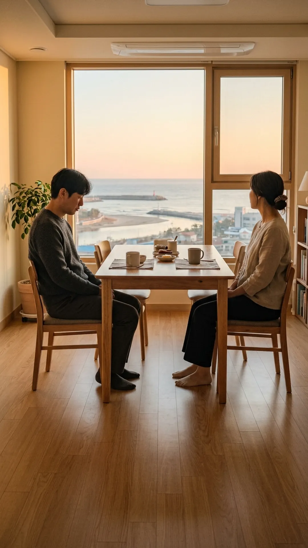 거실 식탁에 마주 앉아 이야기를 나누는 부부 — 연출 이미지