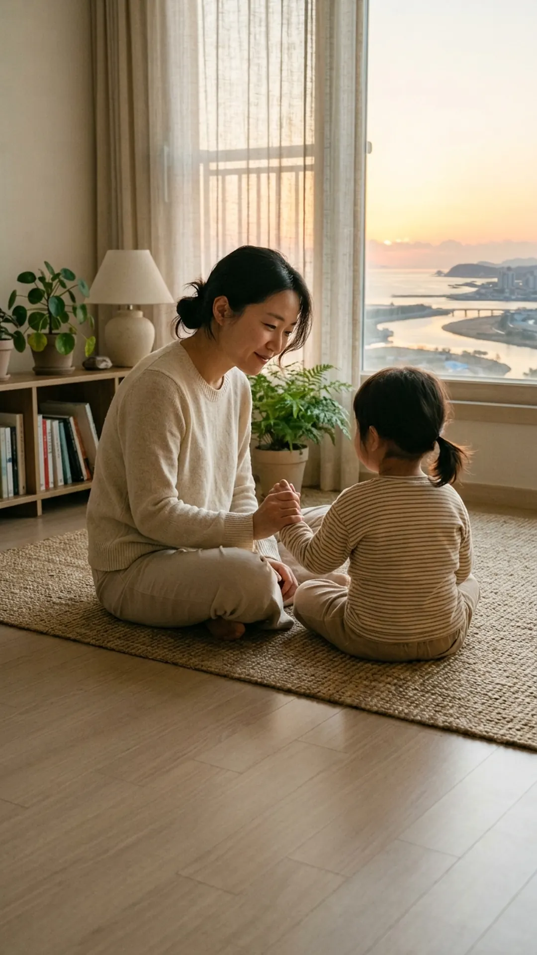 거실 바닥에서 아이와 마주 앉아 대화하는 부모 — 연출 이미지